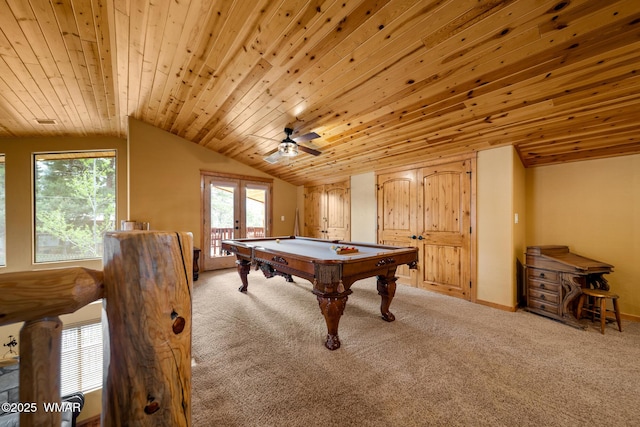 2011 N Lake Breeze Rd, Lakeside, AZ 85929 - rec room featuring pool table, carpet floors, vaulted ceiling, healthy amount of natural light, and french doors