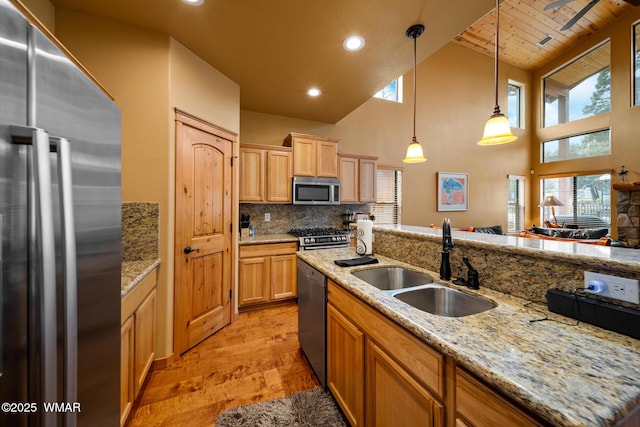 2011 N Lake Breeze Rd, Lakeside, AZ 85929 - kitchen with appliances with stainless steel finishes, a sink, light wood-style flooring, tasteful backsplash, and hanging light fixtures