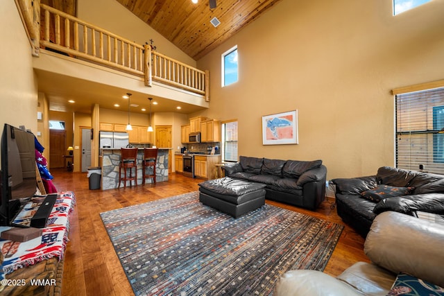 2011 N Lake Breeze Rd, Lakeside, AZ 85929 - living room with high vaulted ceiling, wood finished floors, and wood ceiling