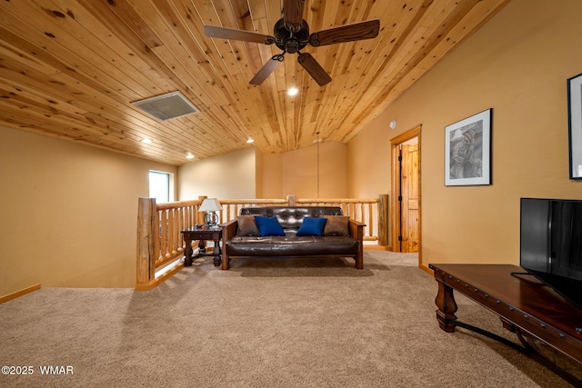 2011 N Lake Breeze Rd, Lakeside, AZ 85929 - living area with carpet flooring, ceiling fan, wood ceiling, an upstairs landing, and recessed lighting