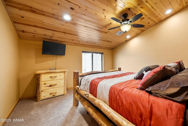 2011 N Lake Breeze Rd, Lakeside, AZ 85929 - bedroom featuring wood ceiling, light carpet, recessed lighting, baseboards, and ceiling fan