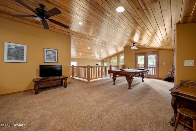 2011 N Lake Breeze Rd, Lakeside, AZ 85929 - playroom featuring wooden ceiling, light carpet, ceiling fan, lofted ceiling, and recessed lighting