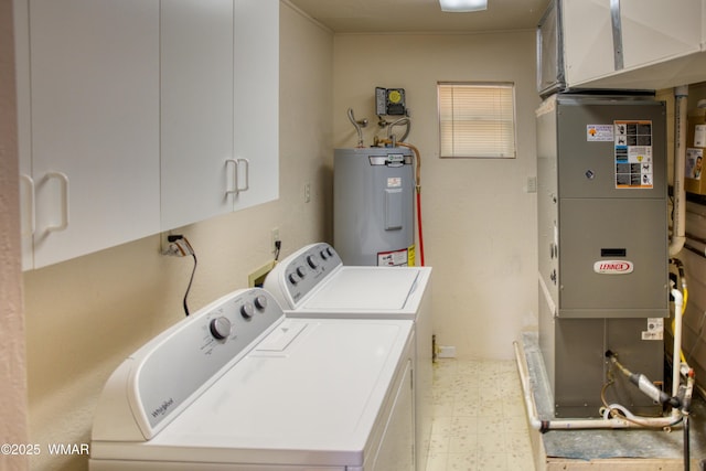 5029 Show Low Lake Rd, Show Low, AZ 85901 - laundry room with water heater, washer and clothes dryer, cabinet space, light flooring, and heating unit