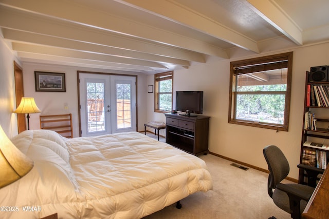 5029 Show Low Lake Rd, Show Low, AZ 85901 - bedroom with french doors, beamed ceiling, light carpet, and access to exterior