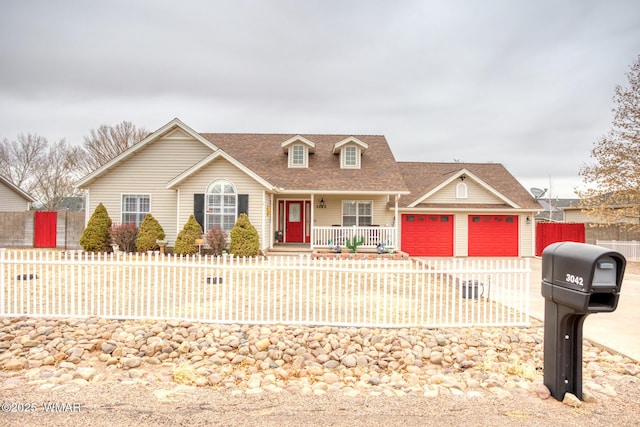 view of front of house with a fenced front yard, a shingled roof, covered porch, an attached garage, and driveway