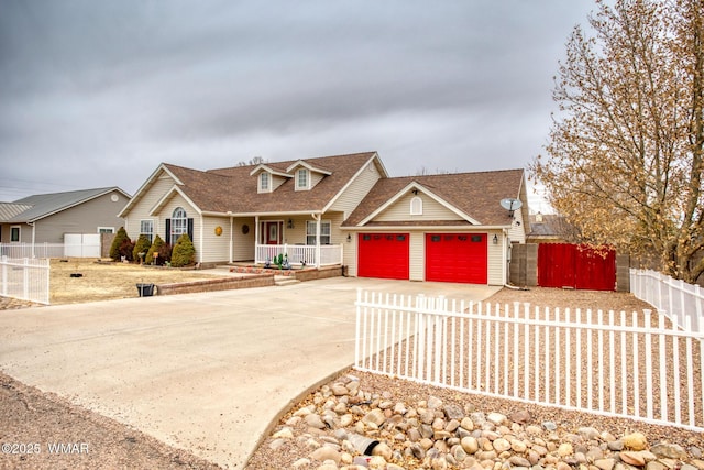 view of front of house featuring a garage, driveway, a porch, and a fenced front yard