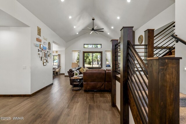 2872 Penny Ln, Lakeside, AZ 85929 - living room with wood finished floors, stairs, ceiling fan, recessed lighting, and baseboards