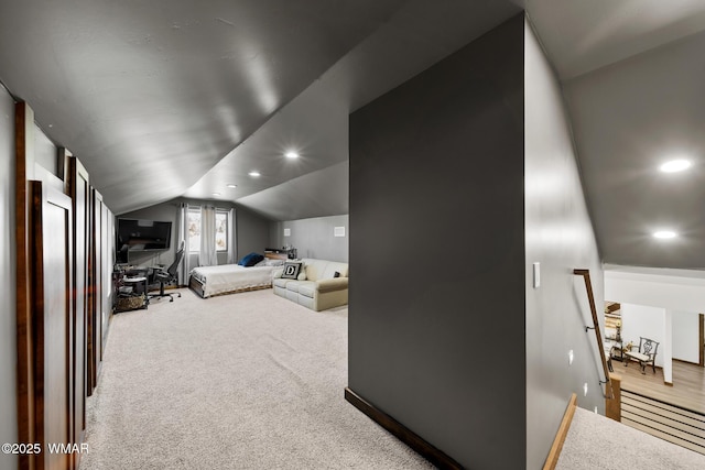 2872 Penny Ln, Lakeside, AZ 85929 - bedroom with recessed lighting, vaulted ceiling, carpet flooring, and baseboards