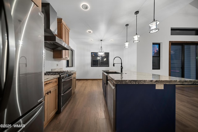 2872 Penny Ln, Lakeside, AZ 85929 - kitchen featuring appliances with stainless steel finishes, wall chimney exhaust hood, backsplash, dark wood finished floors, and a sink