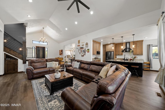 2872 Penny Ln, Lakeside, AZ 85929 - living room featuring a chandelier, dark wood-type flooring, stairs, a ceiling fan, and recessed lighting