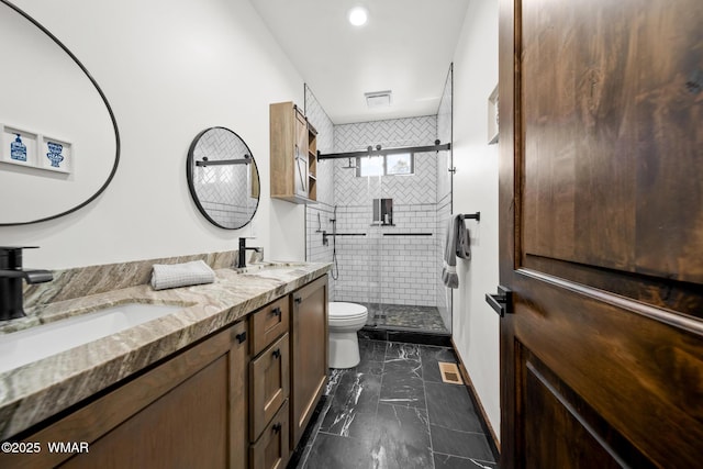 2872 Penny Ln, Lakeside, AZ 85929 - bathroom with toilet, marble look tiles, double vanity, a stall shower, and baseboards