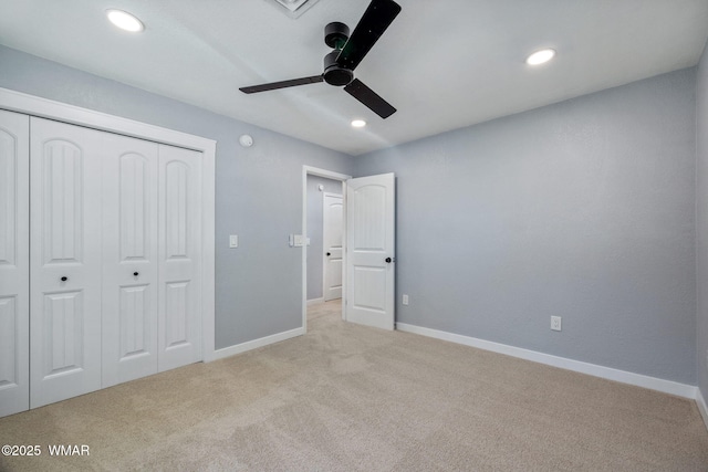 261 S 5th Pl, Show Low, AZ 85901 - unfurnished bedroom featuring carpet flooring, a closet, recessed lighting, and ceiling fan