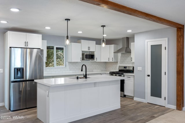 261 S 5th Pl, Show Low, AZ 85901 - kitchen featuring stainless steel appliances, wall chimney exhaust hood, white cabinets, tasteful backsplash, and wood finished floors