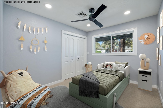 261 S 5th Pl, Show Low, AZ 85901 - carpeted bedroom featuring a closet, ceiling fan, and recessed lighting