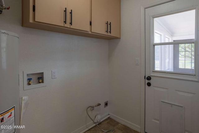 laundry room featuring cabinet space, water heater, hookup for a washing machine, electric dryer hookup, and baseboards