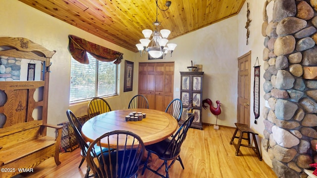 dining space featuring baseboards, wooden ceiling, light wood finished floors, lofted ceiling, and a chandelier