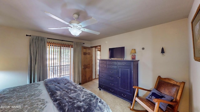 bedroom with light colored carpet and ceiling fan