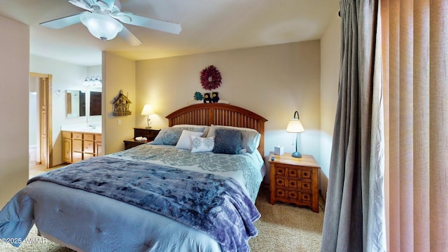 bedroom featuring carpet flooring, connected bathroom, and ceiling fan