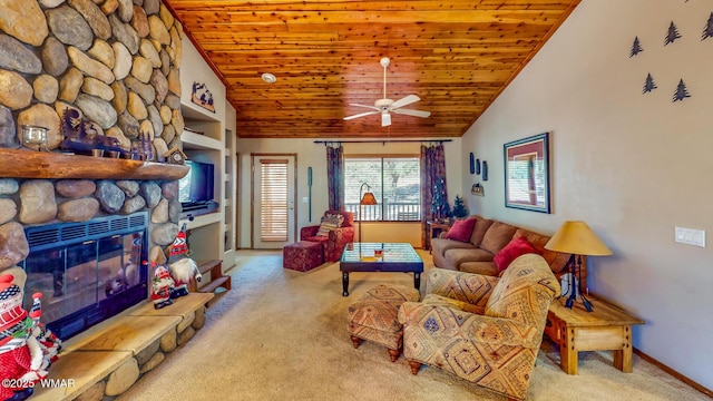 living room featuring a stone fireplace, carpet flooring, wood ceiling, and a ceiling fan