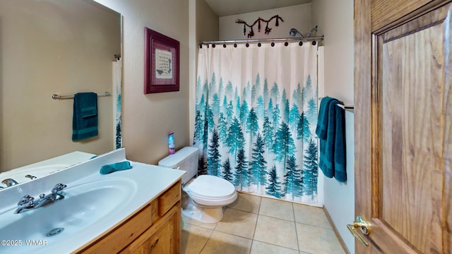 full bath with vanity, tile patterned floors, toilet, and a shower with curtain