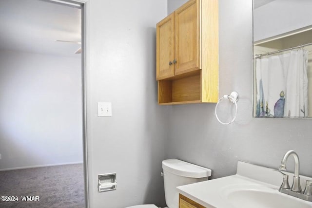 bathroom with a shower with shower curtain, vanity, and toilet