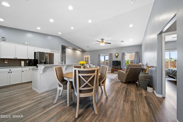 289 N Divot Dr, Eagar, AZ 85925 - dining area with lofted ceiling, dark wood-style flooring, ceiling fan, and recessed lighting
