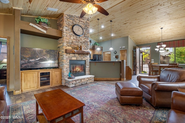380 N Retreat Dr, Show Low, AZ 85901 - living area with a ceiling fan, wood ceiling, wood finished floors, high vaulted ceiling, and a chandelier