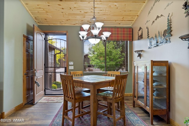 380 N Retreat Dr, Show Low, AZ 85901 - dining space with wooden ceiling, a chandelier, wood finished floors, baseboards, and lofted ceiling