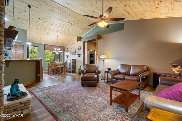 380 N Retreat Dr, Show Low, AZ 85901 - living area with wooden ceiling, wood finished floors, baseboards, a ceiling fan, and a chandelier