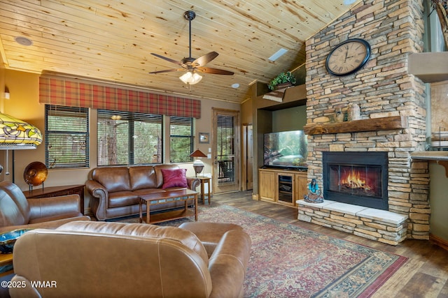 380 N Retreat Dr, Show Low, AZ 85901 - living room with wooden ceiling, ceiling fan, wood finished floors, a fireplace, and high vaulted ceiling
