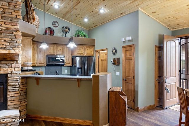 380 N Retreat Dr, Show Low, AZ 85901 - kitchen featuring stainless steel appliances, dark wood finished floors, wooden ceiling, a kitchen bar, and high vaulted ceiling