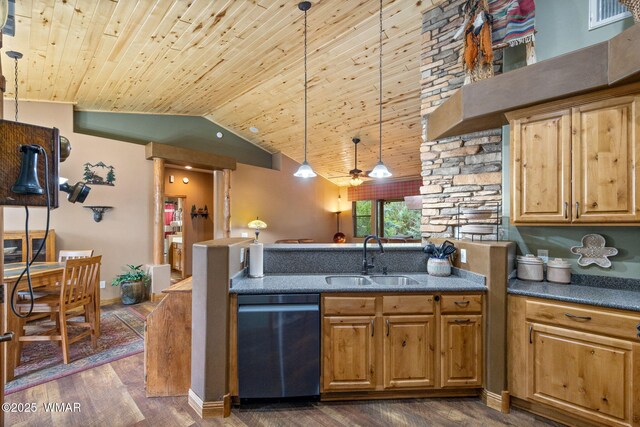 380 N Retreat Dr, Show Low, AZ 85901 - kitchen featuring stainless steel dishwasher, a sink, dark wood-style flooring, wood ceiling, and lofted ceiling