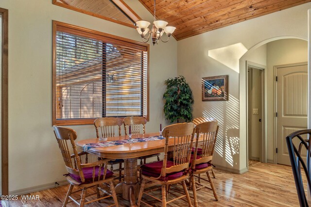 1430 E Pine Oaks Dr, Show Low, AZ 85901 - dining area with wooden ceiling, a chandelier, light wood-type flooring, and vaulted ceiling