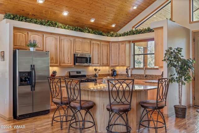 1430 E Pine Oaks Dr, Show Low, AZ 85901 - kitchen featuring appliances with stainless steel finishes, light wood-type flooring, recessed lighting, wooden ceiling, and stone counters