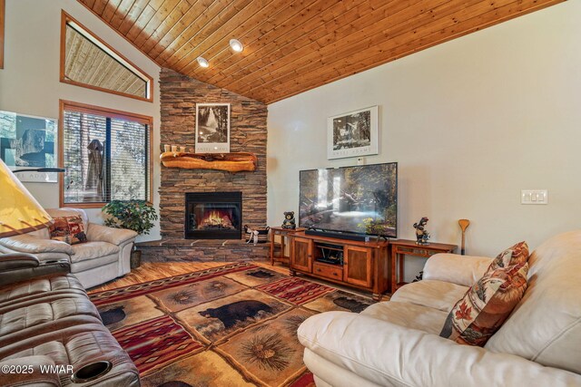 1430 E Pine Oaks Dr, Show Low, AZ 85901 - living room featuring wood ceiling, lofted ceiling, a stone fireplace, and wood finished floors