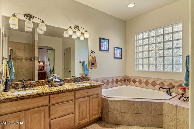 1430 E Pine Oaks Dr, Show Low, AZ 85901 - full bath featuring a bath, double vanity, tile patterned flooring, tiled shower, and recessed lighting