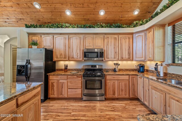 1430 E Pine Oaks Dr, Show Low, AZ 85901 - kitchen featuring stainless steel appliances, wood ceiling, light brown cabinetry, dark stone countertops, and recessed lighting