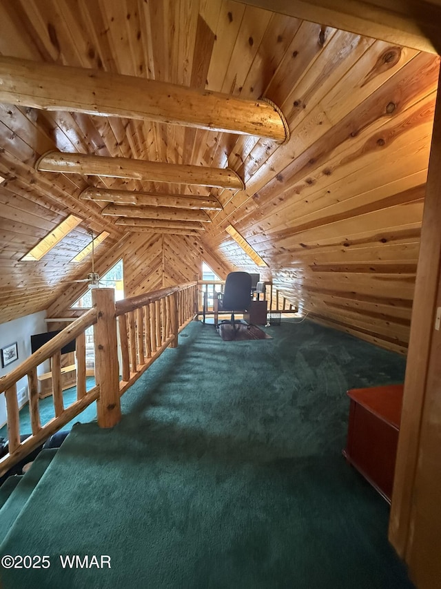 additional living space featuring wooden ceiling, carpet floors, and vaulted ceiling