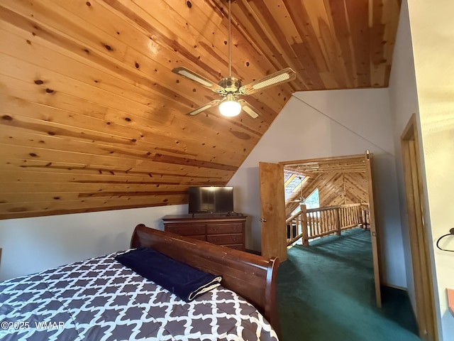 bedroom with carpet flooring, access to exterior, wooden ceiling, vaulted ceiling, and a ceiling fan