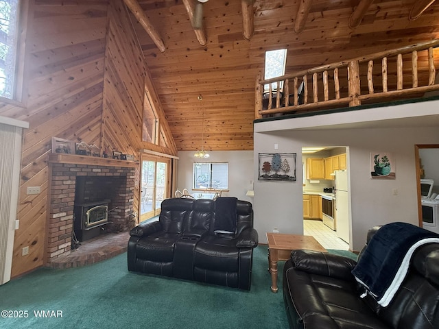 living room with light colored carpet, wood ceiling, beamed ceiling, high vaulted ceiling, and wooden walls