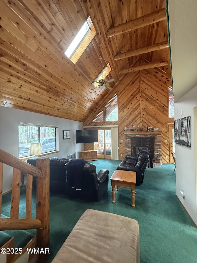 carpeted living room featuring a brick fireplace, wooden ceiling, wood walls, and high vaulted ceiling