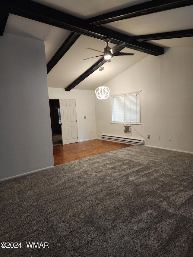 unfurnished living room with a ceiling fan, carpet flooring, lofted ceiling with beams, and baseboard heating