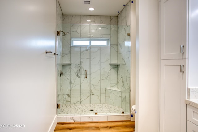 1028 School House Ln, Show Low, AZ 85901 - bathroom featuring a marble finish shower, vanity, and recessed lighting