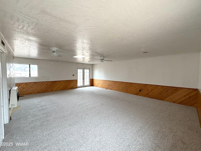 spare room featuring carpet, a healthy amount of sunlight, wainscoting, and wooden walls