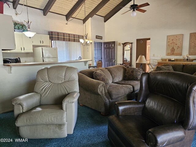 2844 Park Cir Unit 36A, Pinetop, AZ 85935 - carpeted living area with high vaulted ceiling, wood ceiling, and beam ceiling