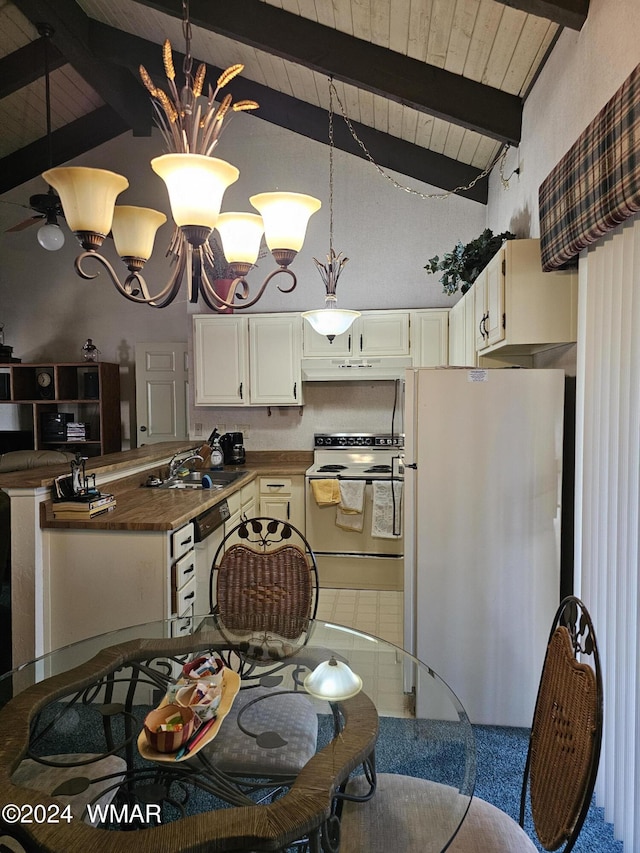 2844 Park Cir Unit 36A, Pinetop, AZ 85935 - kitchen featuring under cabinet range hood, white appliances, a sink, hanging light fixtures, and beam ceiling