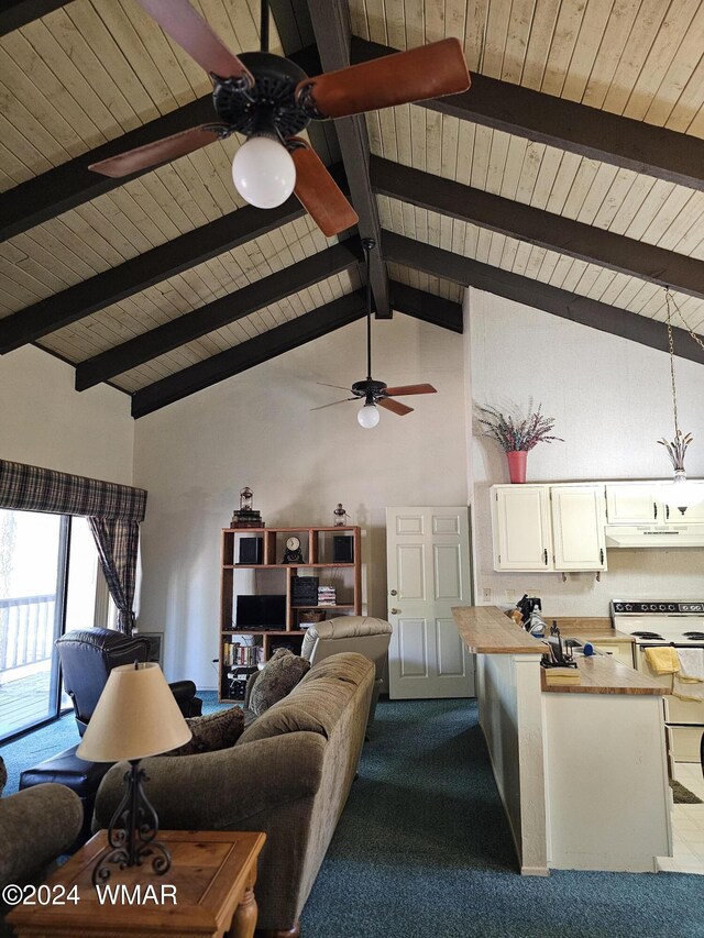 2844 Park Cir Unit 36A, Pinetop, AZ 85935 - carpeted living area with high vaulted ceiling, wood ceiling, beam ceiling, and a ceiling fan