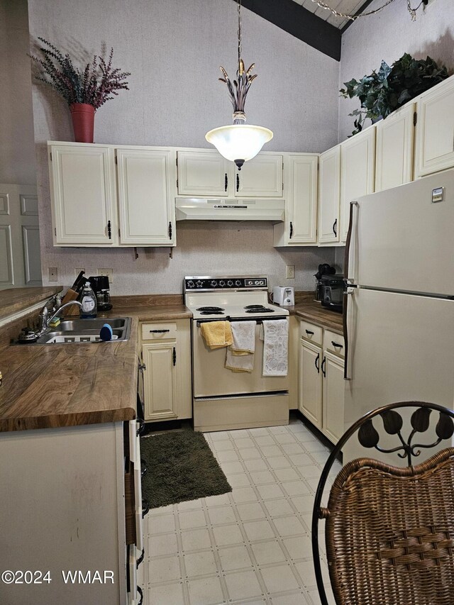2844 Park Cir Unit 36A, Pinetop, AZ 85935 - kitchen with white appliances, butcher block countertops, light floors, under cabinet range hood, and a sink