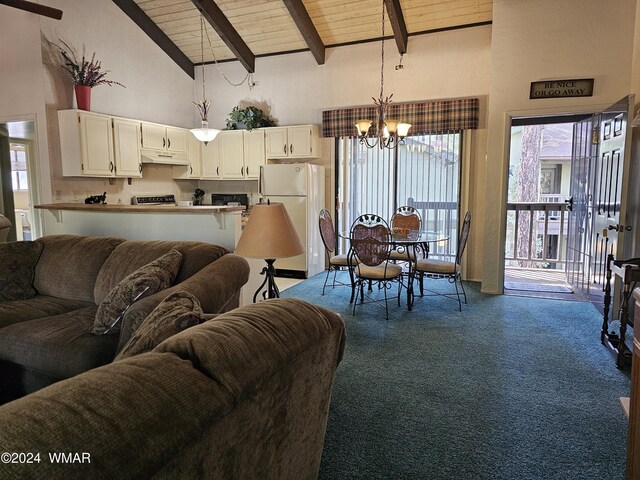 2844 Park Cir Unit 36A, Pinetop, AZ 85935 - living room featuring dark colored carpet, beam ceiling, high vaulted ceiling, and wood ceiling
