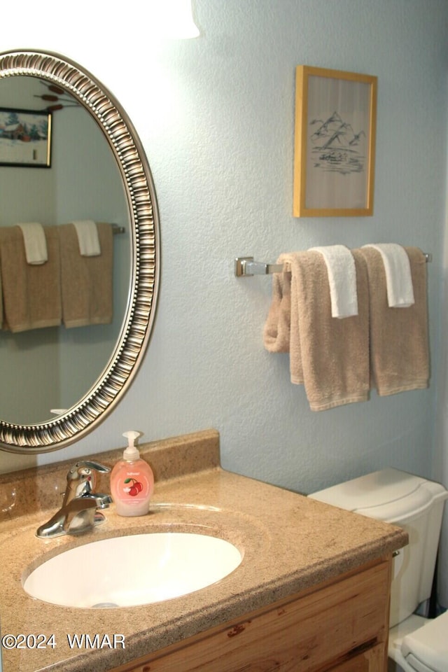 bathroom with a textured wall and vanity